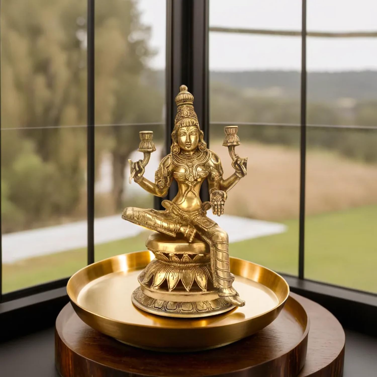 Kartique Brass Idol Murti Of Laxmi On Lotus Pedestal | Laxhmi Padmavati Staue | Home Mandir Decor | Height 12 Inches (Gold)